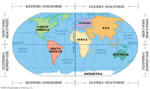 what continent lies completely north of the equator and east of the prime meridian