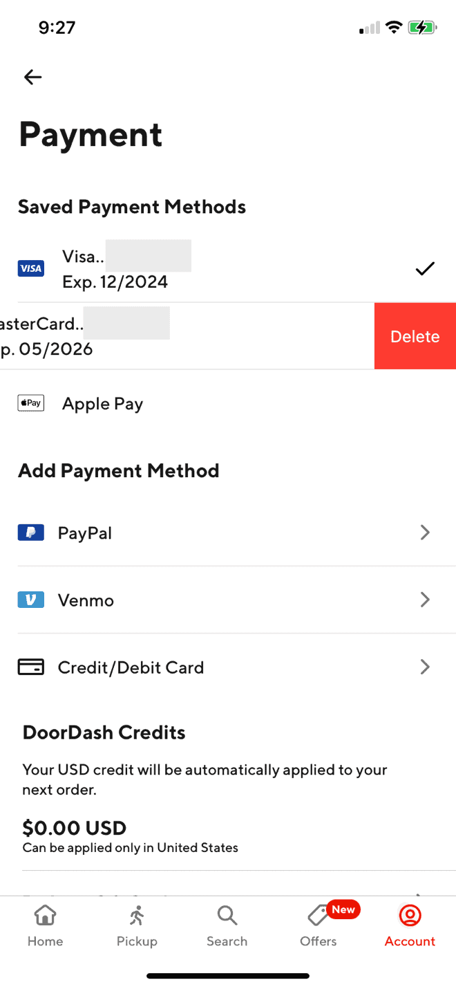 how to delete card from doordash