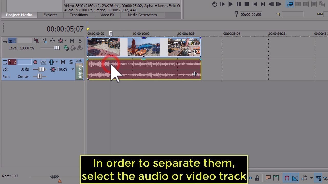 how to detach audio from video in sony vegas