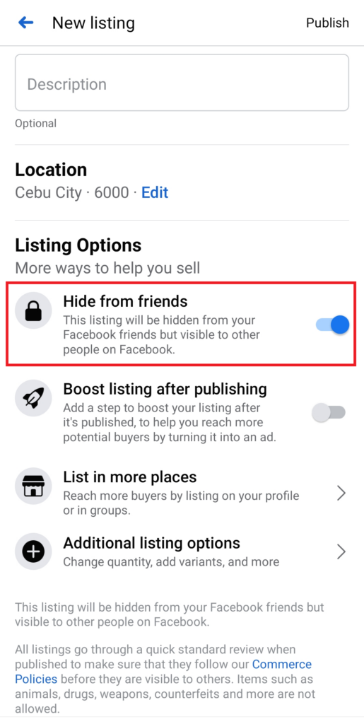 how to hide facebook marketplace listing from friends