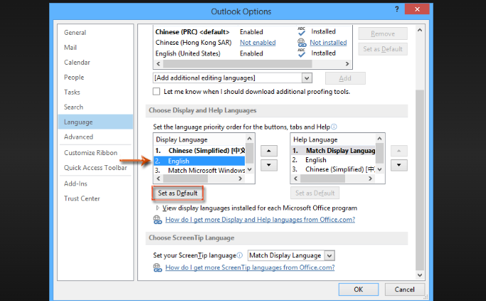 outlook change language
